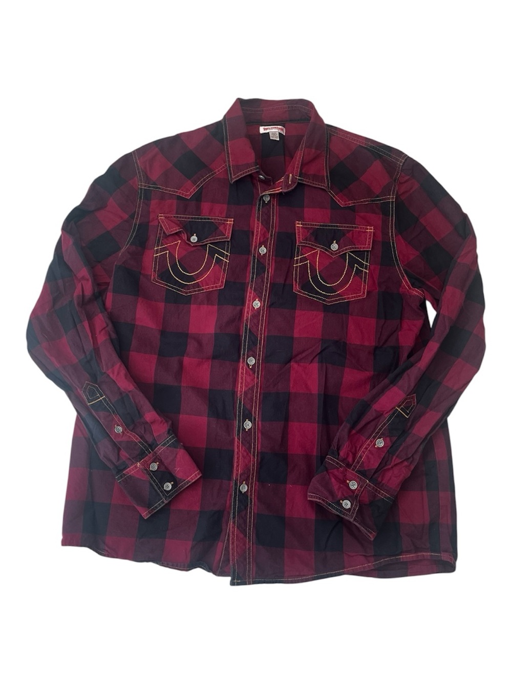 True Religion Men's Plaid Western Button Up Shirt -Red/Black Sz XL